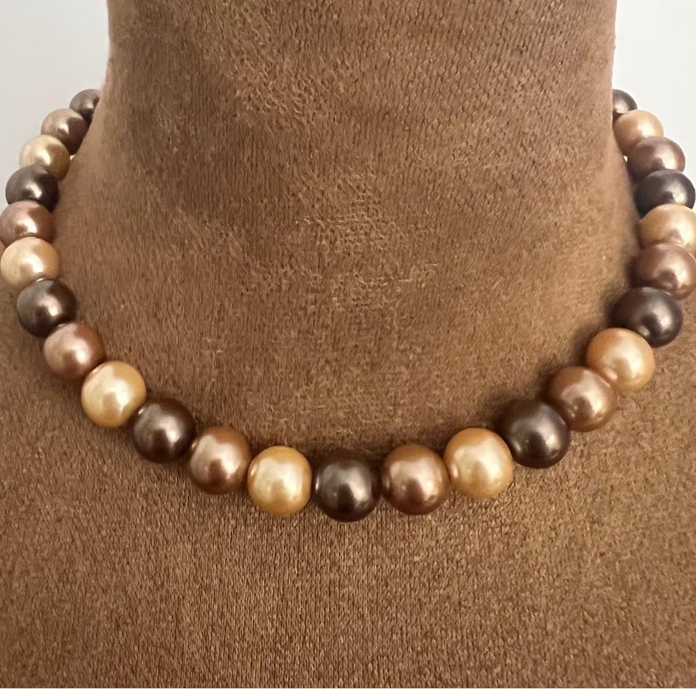 Vintage Earth Tone‎ Faux Pearl Choker Necklace Brown Bronze 15 Inch Old Money